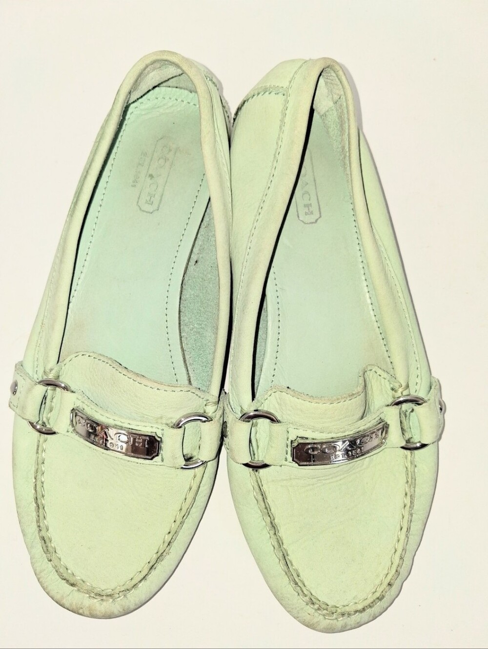 Coach Felisha Y2K Green Mint Suede Loafer Genuine Leather Size 6.5 Silver Plaque
